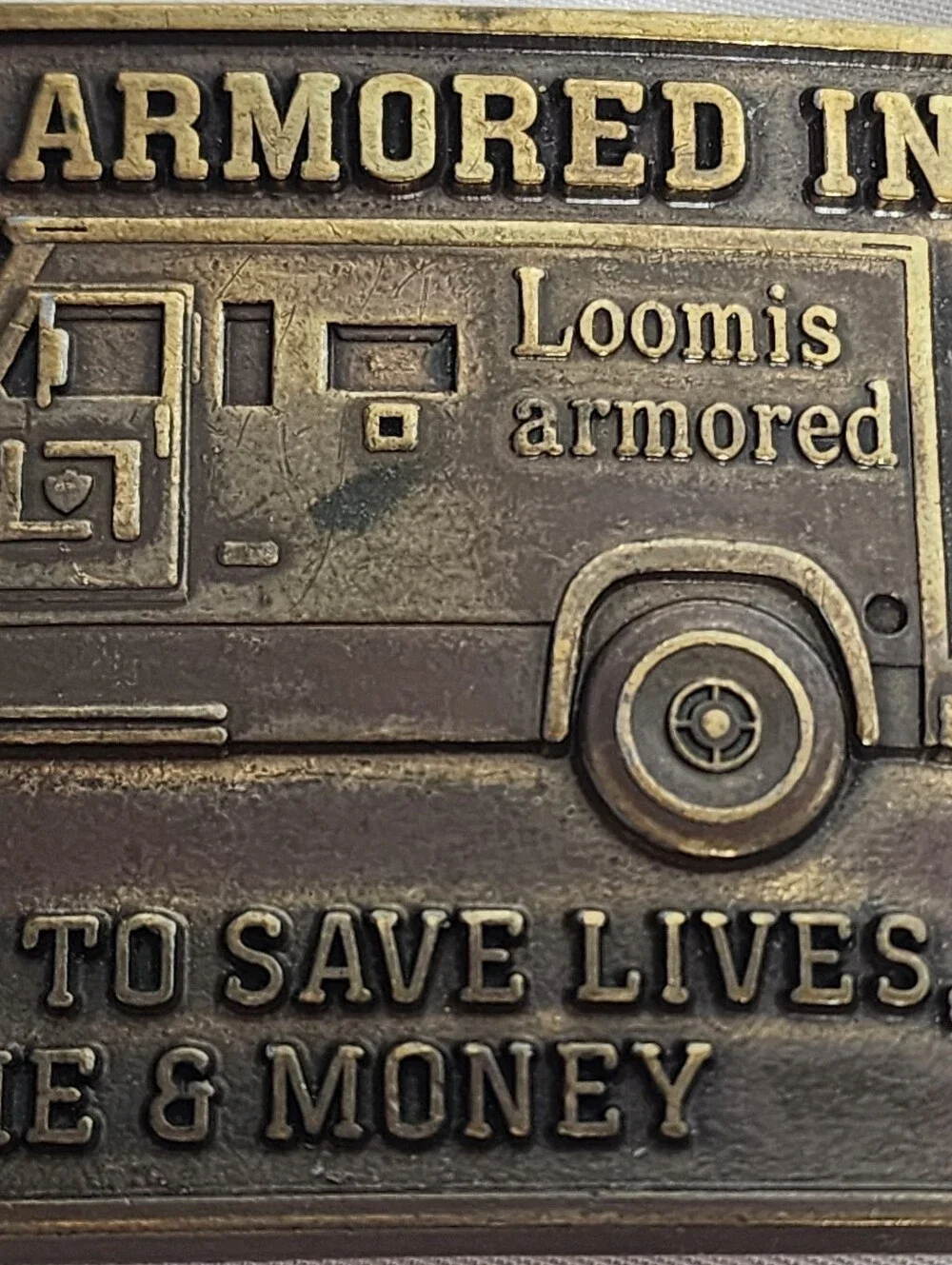 Vintage Brass Belt Buckle Loomis Armored Trucks 1970's Made In USA Retro